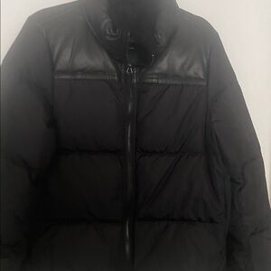Men's Black Puffer Jacket with Lamb Leather Yoke Shearling Collar sz L
